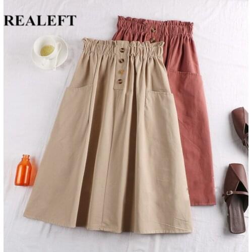 REALEFT Spring Summer A-Line Skirts for Women 2021 New Solid Color Elastic High Waist Casual Pockets Mid-length Skirt Female