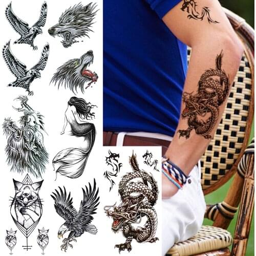 Realistic Dragon Fake Temporary Tattoo For Men Women Black Eagle Mermaid Tattoos Paper Sticker Geometric Cat Lion Tatoo Body Arm