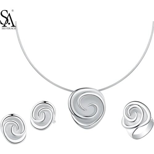 SA SILVERAGE 925 Sterling Silver Rose Jewelry Sets for Women Choker Pendant Necklaces 925 Silver Stud Earrings Wedding Rings