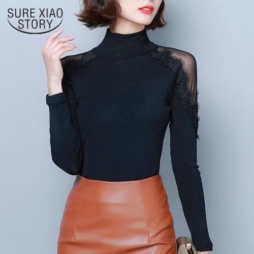 Mesh Lace Turtleneck Long Sleeve Shirt 2021 New Autumn Winter Solid Black Bottoming Shirt Slim Women Tops 7699 50