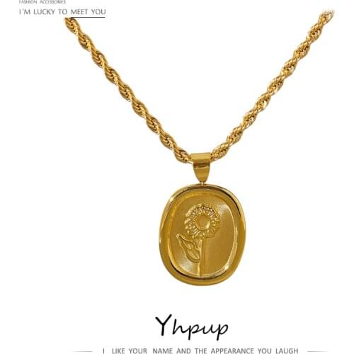 Yhpup Stylish Oval Flower Pendant Chain Necklace Stainless Steel Statement Necklace цепочка на шею женская Jewelry Party Gift