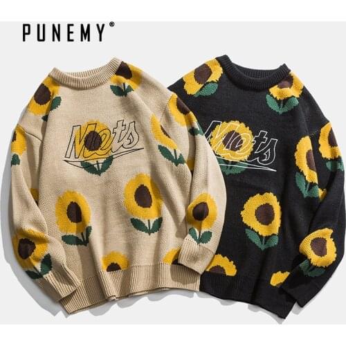 Retro Men Sweaters Sunflower Pattern O-neck Acrylic Oversize Hip Hop Streetwear Harajuku Pullover Autumn New Mans Sweaters