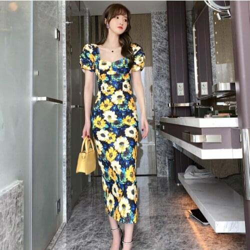 Streetwear Print Floral Casual Womens Dresses New Arrival 2020 Puff Sleeve Vintage Dress Woman Midi Summer Dresses for Women