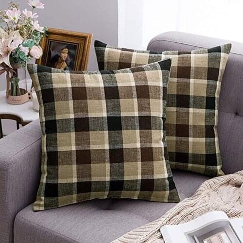 Pack of 2 Decorative Throw Pillow Cover Checkered Plaids Tartan Cotton Linen Rustic Farmhouse Square Cushion Case Multi Color