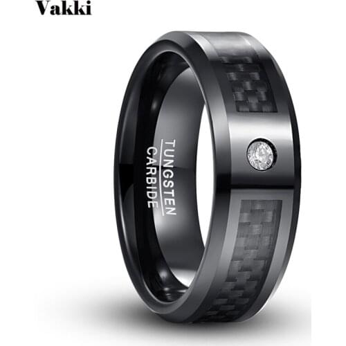 VAKKI Black Carbon Fiber Oblique Angle Tungsten Steel Men Electroplated Polished Crystal Wedding Band Female Jewelry