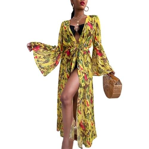 Witbuy 2021 Multicolored Bohemian Floral Printed V-neck Flared Sleeve Long Summer Beach Dress Lace Up Women Beachwear Maxi Dress
