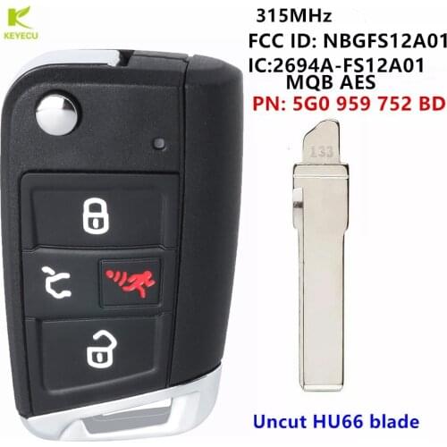KEYECU Replacement Keyless Smart Remote Key 4B 315MHZ Megamos AES 5G0 959 752 BD for Volkswagen Golf 2015-2019 FCCID: NBGFS12A01