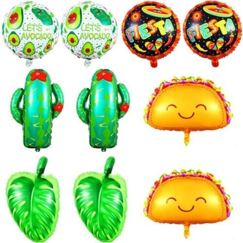 10 Pieces Taco Foil Balloons Cactus Foil Mylar Balloons Fiesta Foil Balloons Avocado Pattern Balloons and Green Turtle Leaf Foil