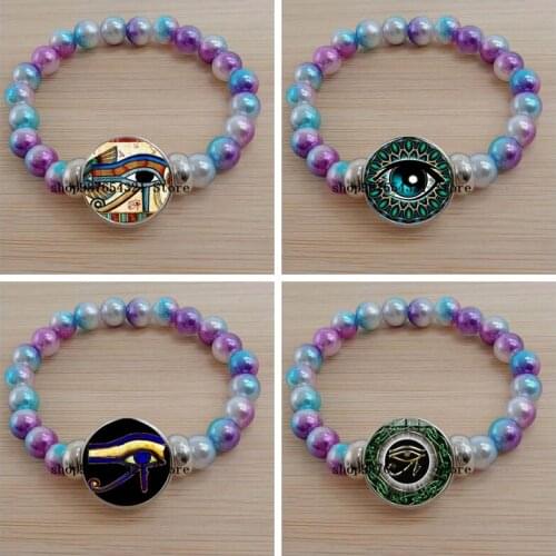 Egyptian Eye of the Gods Bracelet Eye of Horus Amulet Symbol Ladies Men Glass Bracelet Mandala Vintage Photo Color Bead Bracelet