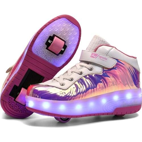 USB Charging Children Two Wheels Luminous Glowing Sneakers Black Red Pink Led Light Roller Skate Shoes Kids Led Shoes Boys Girls