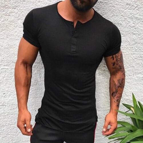 Stylish Solid Color Tee Tops Men T Shirt Short Sleeve Bodybuilding Tees Male Clothes Fitness Fashion Round Neck Casual T-shirts