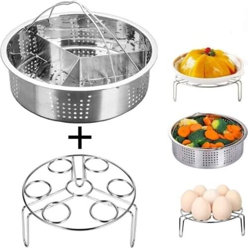HGHO 3Pcs/Set Stainless Steel Steam Basket with Egg Steamer Rack Divider for Kitchen Cooking Pressure Cooker Accessories