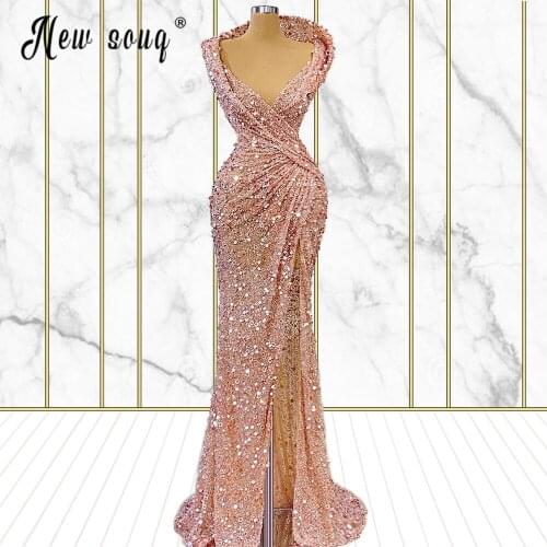 Candy Pink Sequined Mermaid Evening Dresses Split Side Ppleated Long Evening Party Maxi Dress Women Wedding Party Formal Gowns