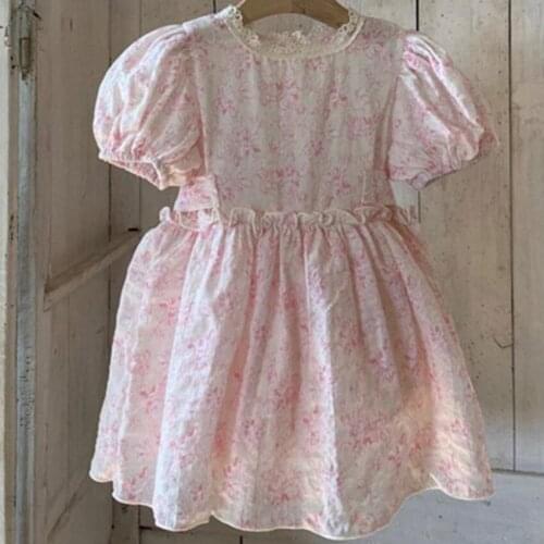 Baby girl summer puff sleeve princess dress children cute lace stitching cotton linen dres a-line