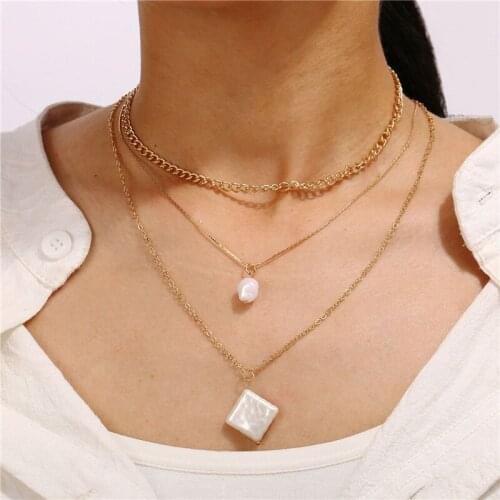 LIMARIO 2021 Trendy Multilayered Pearl Necklace For Women Gold Geometric Necklace Beads Chain Choker Necklaces Gifts Jewelry