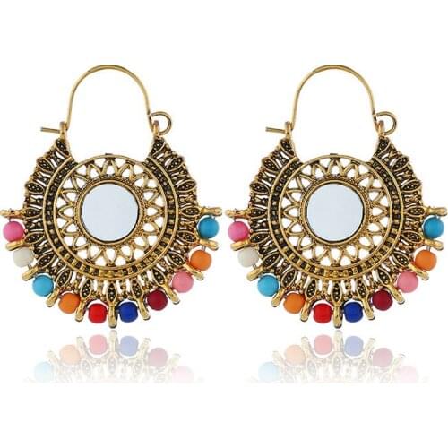 Miss JQ Round Pattern Hollow Dangle Earrings Metal Retro Colorful Beads Earring For Women 2019 Ethnic Ceremony Ear Jewelry