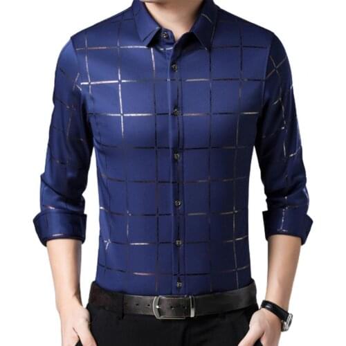 3XL Autumn Shirt Men Dress Shirt Large Plaid Satin Surface Casual Non-iron Turndown Collar Single-breasted Shirt for Business