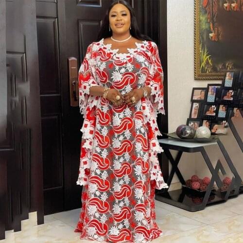 2021 New African Guipure Lace Dresses For Women Ankara Dashiki Embroidery Maxi Robe Wedding Party Kaftan Abaya Plus Size Bubu
