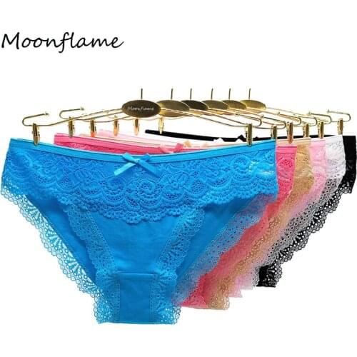 Moonflame 5 Pcs / Lots New Arrival 2021 Women Sexy Lace Cotton Briefs Panties M L XL 89336