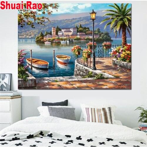 Seaside scenery Diamond painting full square round 3 d diy picture diamond Embroidery sale garden village home art