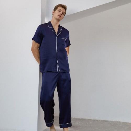 Summer 100% Genuine Mulberry Silk Solid Short Color Sleeve Long Pants Two Piece Set Pajamas for Mens Home Night Sleepwear