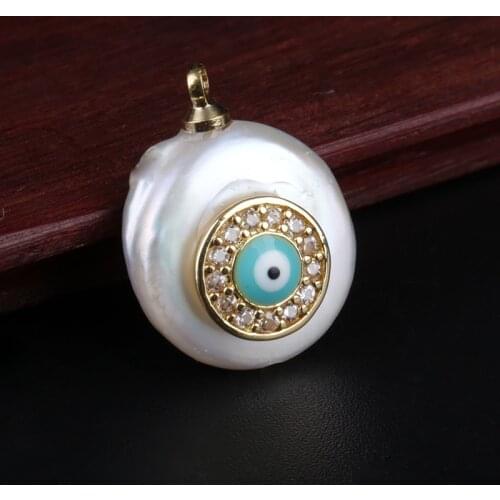 Flat coin natural freshwater pearl bead gold white cz zircon evil eye charms charm for jewelry diy making for choker