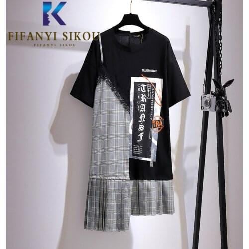 Oversized Summer T-shirt Dresses Women Asymmetry Fashion Spliced O-Neck Short Sleeve Print Midi Long Dress Loose Plus Size Dress