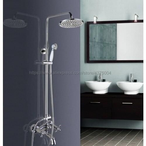 Polished Chrome Bathroom Shower Faucet 8" Rainfall Shower Head with Hand Shower Cold and Hot Water Faucet Sets Ncy351