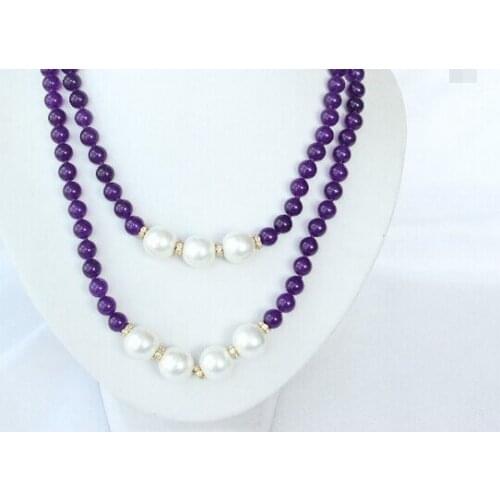 Popular long 40" 8mm round Purple crystal 14mm white sea shell pearl necklace