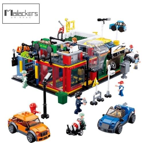 Mailackers City Buildings House Sets Gas Station High Tech Car Garage Service Center Building Blocks City Street View Toys Gift