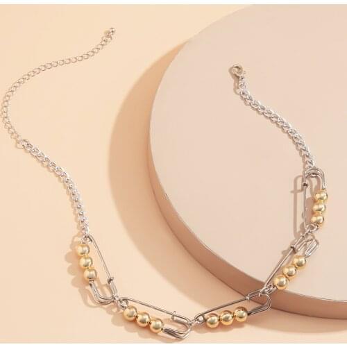 Exaggerated Gothic Design Safety Pins Link Gold Beads Choker Necklace for Unisex Women Short Clavicle Necklace New Jewelry Gifts