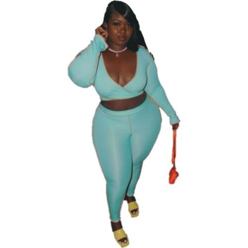 Plus Size Women V-neck Solid Tracksuits Outfits Autumn Newest Lady Long Sleeve Short Tees High Waist Skinny Pants Two Piece Sets