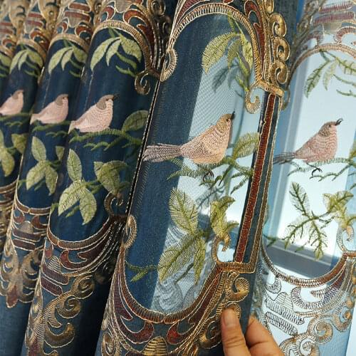 Luxury Bird Embroidered Curtains for Living Room Chinese Classical Hollow Out Chenille Blue Brown Window Cortinas zh447C