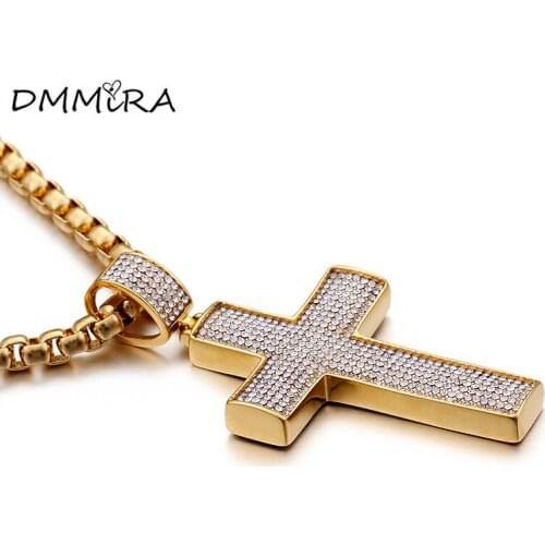 High Quality Fashion Men Zirconia Cross Gold Pendant Stainless Steel White Crystal Jesus Cross Pendant Choker Necklace Jewelry