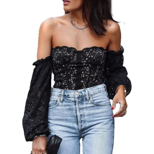 New Fashion Women Ladies Sexy Off Shoulder Tops Elegant Floral Lace Slim Blouse Casual Long Sleeve Shirts Black White