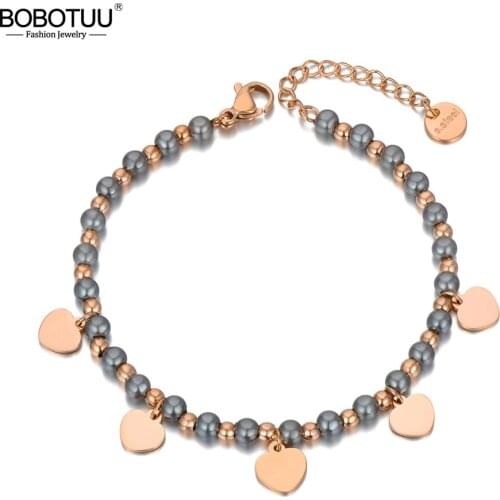 BOBOTUU Bohemia Titanium Stainless Steel Pearl Beaded Bracelets For Women Trendy Heart Charm Bracelet Jewelry браслет BB20116