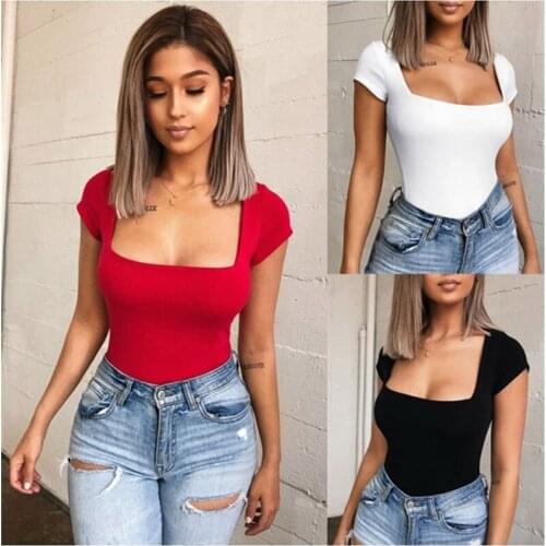 Sexy Romper Women Bodysuit Short Sleeve 2020 Summer New Solid Jumpsuits Club Square Neck Sexy Bottoming Shirt Women Clothings