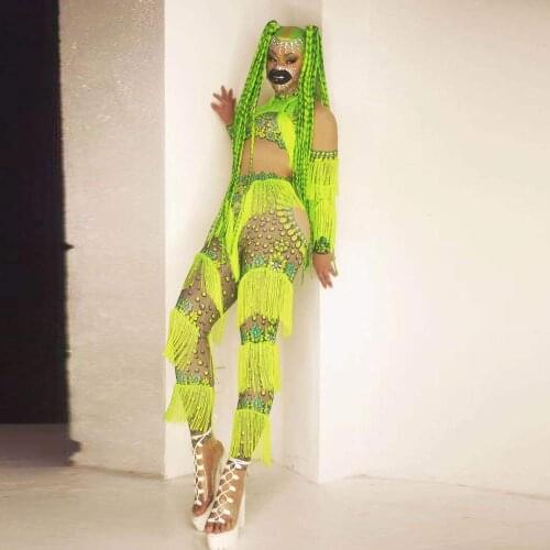 Women Singer Dancer Stage Performance Fringe Leotard Sexy Dance Costume Fluorescent Green Tassel Stretch Print Spandex Jumpsuit