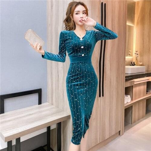 Fashion Temperament V-Neck Womens Dress Winter Long-Sleeve 2020 Single Breasted Flannel Waist Close Tight Hip Bottoming Dress