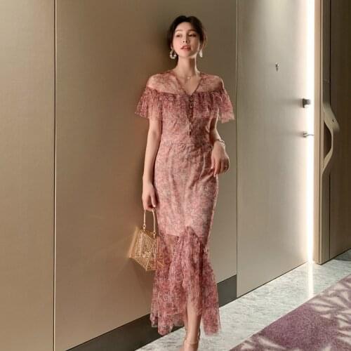 French Style Modis Streetwear Print Floral Dress Women Short Sleeve Ruffle Pink Dress Ladies 2020 New Summer Clothes for Women