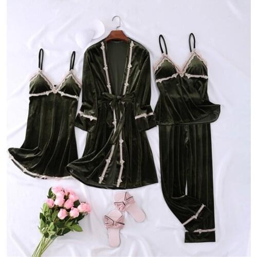 4PCS Winter Gold Velvet Pajamas For Women Pyjamas Warm Sleepwear Pijama Mujer Sets With Chest Pads Home Wear Robe