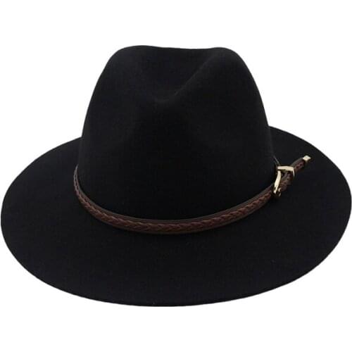 100% Wool Jazz Fedora hats with leather band European Us fashion Flat Brim Panama Plain Black Formal top hat GH-307