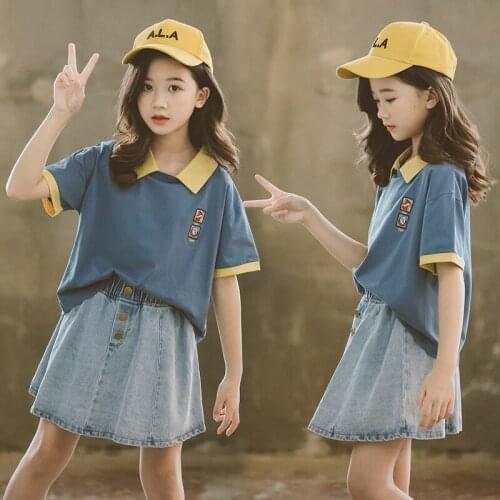 Kids Clothes Girls Summer Outfits 2019 School Costume Cotton Shirt + Denim Skirt 2pcs Fashion Children Clothing Teenagers 12 14
