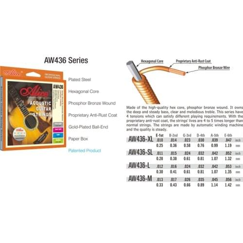 Alice AW436 Steel Hexagonal Core Phosphor Bronze Wound Acoustic Guitar Strings 4 Gauge Available,010,011,012,013