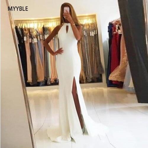 MYYBLE Prom Gowns Custom Made White Halter Evening Gowns Side Slit Sleeveless Simple Open-Back Mermaid Long Formal Party Dresses