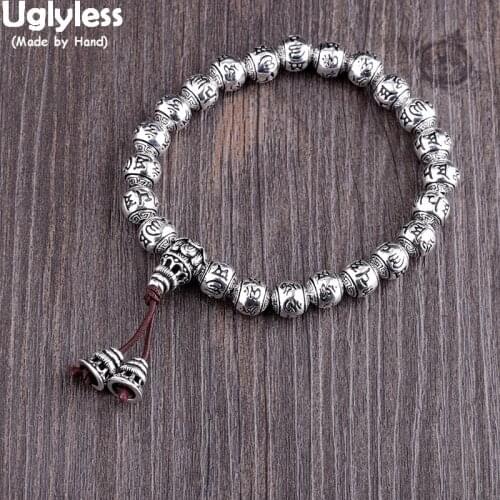 Uglyless Real 990 Silver Maitreya Buddha Bracelets Unisex Elastic Rope Thai Silver Beads Bracelet Buddhistic Gifts Jewelry BR301