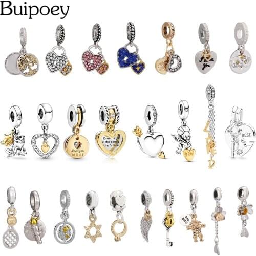 Buipoey Two-tone Loved Dangle Charm Fit Bracelets & Necklace Diy Golden&Silver Color Heart Pendant Bangles Accessories Beaded