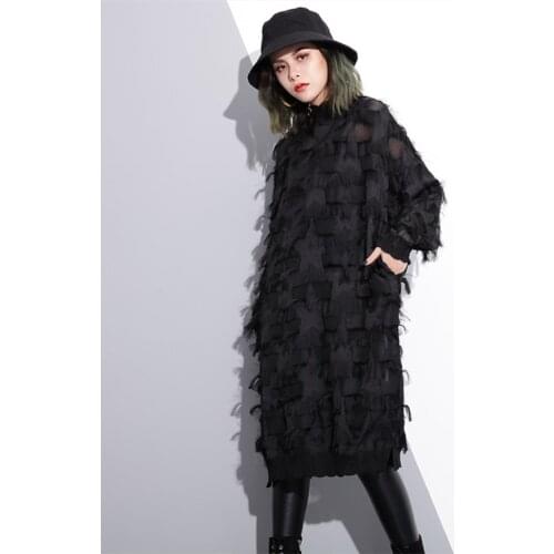 Black dress autumn winter 2020 new womens half-high collar lace mid-length loose style fashion tassel party vestidos D239