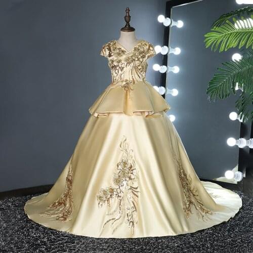 Flower Girl Dresses Vintage Short V-Neck Appliques Embroidery Sequined Princess Floor-Length Luxury Gold Kids Party Gown H579
