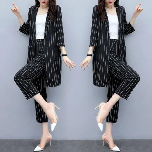 3 Piece Set Suit Vertical Stripe Office Blazer And Wide Leg Pants Elegant Korean Fashion Style Chic Woman Blazer Outfits
